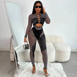 Knitted Hollow Out Jumpsuit for Women 2024 Autumn Solid Diamonds Long Sleeve Slim Fit One-piece Overalls Party Club Streetwear