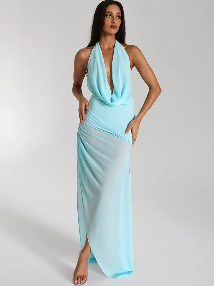 Raar Puss Side Split Sexy Jurk Vrouwen Multilayer Knoop Lint Halter Swing Kraag Backless Mouwloos 2-weg Dragen Trend Bodycon