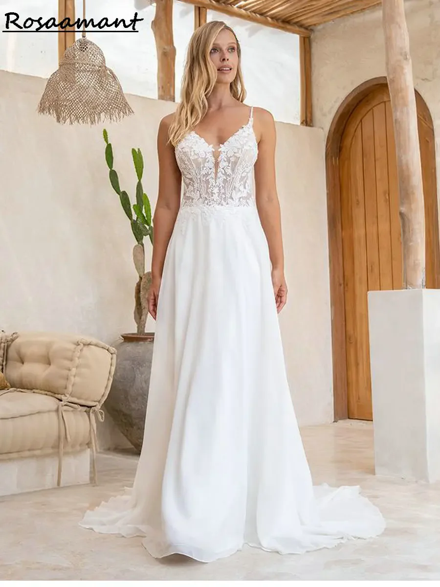 Новое поступление, шифоновые бретельки, свадебные платья трапециевидной формы, без рукавов, с открытой спиной, аппликации, кружевные свадебные платья в стиле бохо в стиле кантри