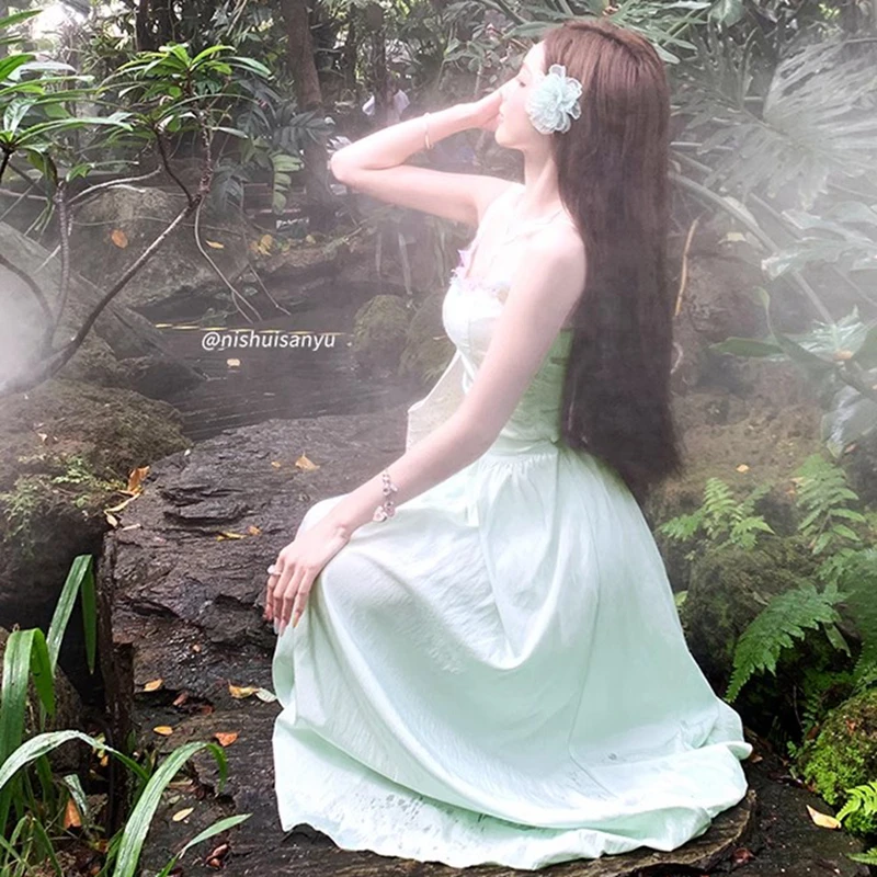 New French Women Dresses Green Strappy Dress for Women's Summer Beach Vacation