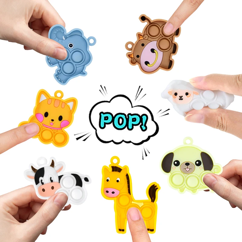 7/14/21Pcs New Animal Pop Fidget Toys Kids Favors Sheep Cat Dogs Pop Bubble Keychains Sensory Stress Relief Toy Birthday Gifts