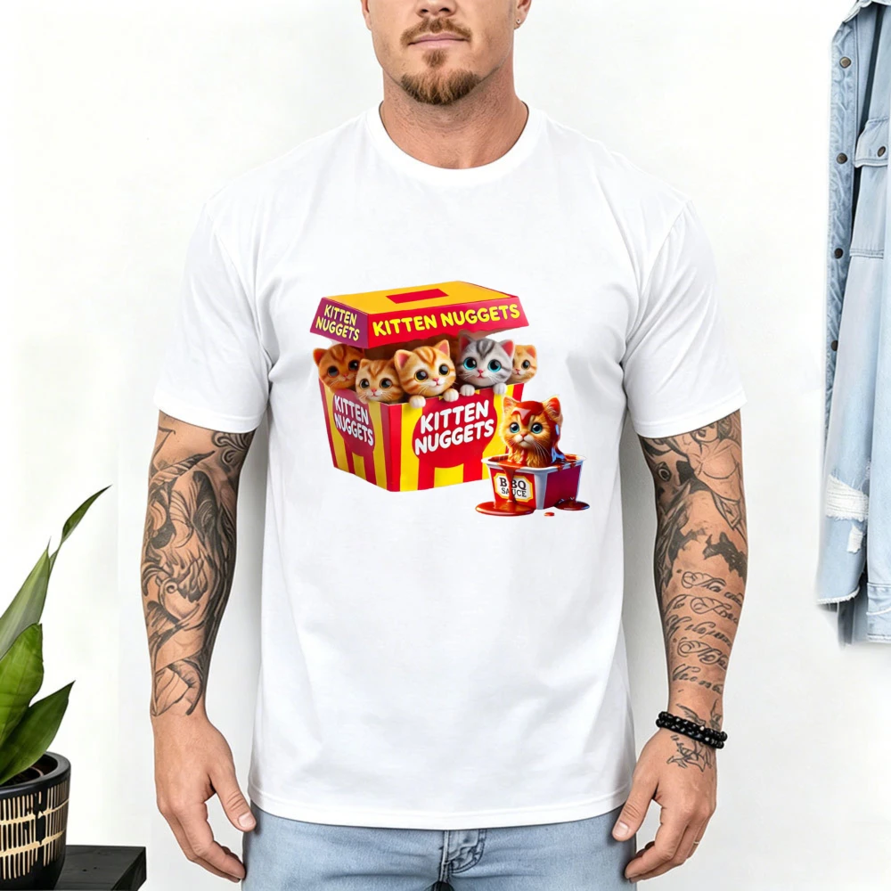 Kitten Nuggets Cute Cat Fast Food Box Men Women Cotton Tshirt Funny Graphic Print Pet Lover Casual Summer Short Sleeve Soft Tops