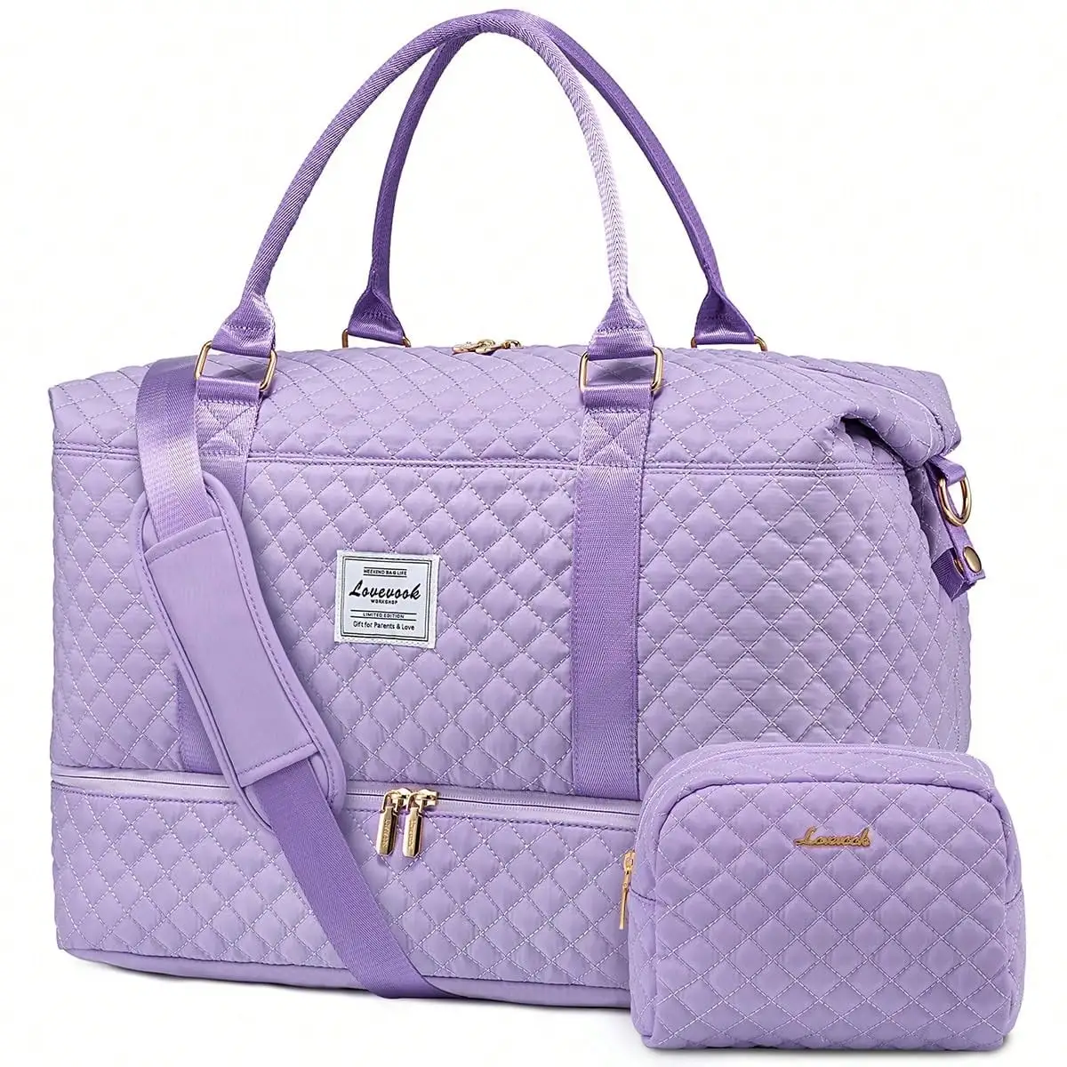 Violet Women Weekender Duffle Bag, Travel Carry On Overnight Gym Duffel Bag, Built-In Shoe Compartment & Wet Pocket, Comes with Separate Toiletry Pouch, Lightweight Handbag, Ideal for Weekend Trips, Gym Workout, Short Vacation, Nice Birthday Holiday
