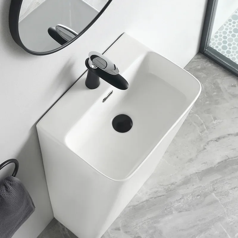 Image 3: Lavabo sur pied moderne en céramique cylindrique avec support rectangulaire pour salle de bain