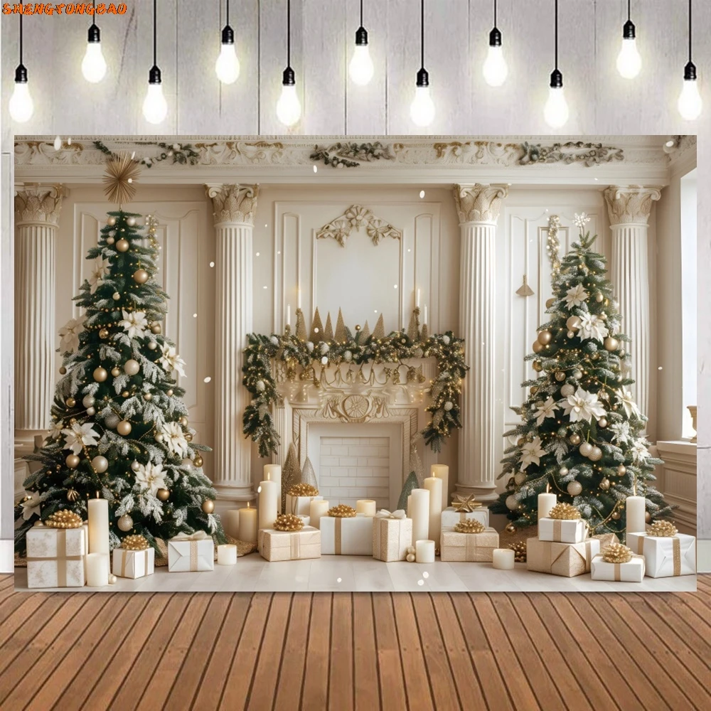 เตาผิงคริสต์มาสฉากหลัง Xmas Tree ของขวัญพวงหรีดหน้าต่างฉากภายในครอบครัวตกแต่งคริสต์มาสพื้นหลังการถ่ายภาพ
