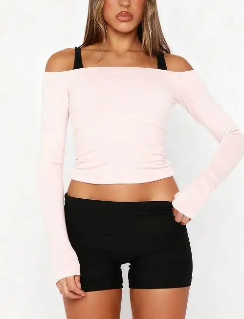 Top da donna con spalle scoperte T-shirt casual slim fit elegante tinta unita a maniche lunghe per l'autunno