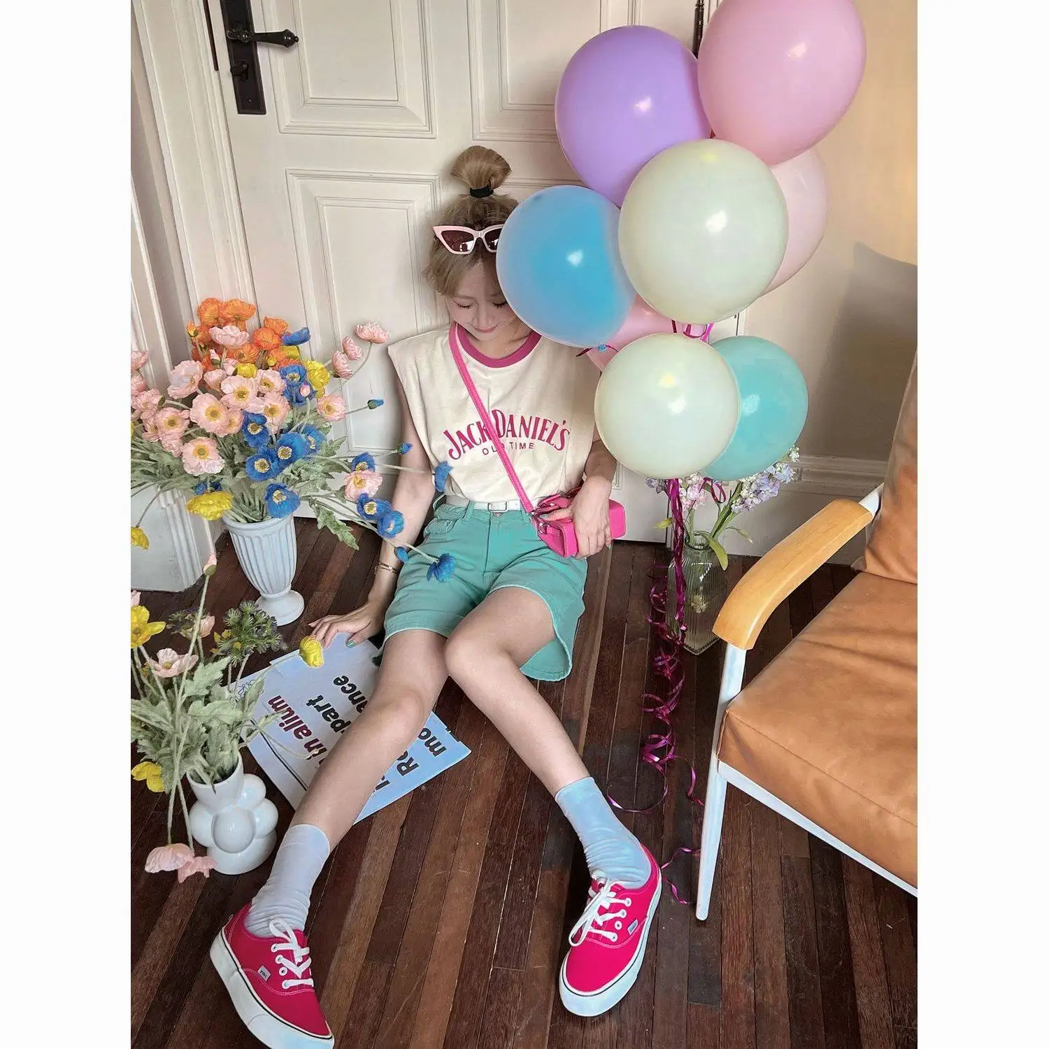 Sweet High Waist Loose Fit Wide Leg Denim Shorts Summer 2026 Korean Style Mint Wave Fashionable Ladies Jeans Cotton Shorts