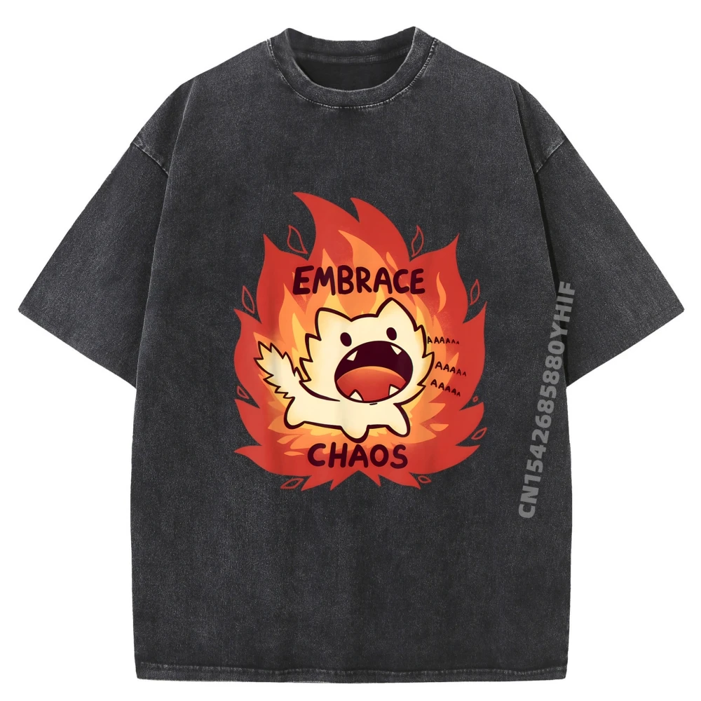 

Fire Embrace Chaos Luxury Clothing Male Sale Korean Fashion Mens Funny Washed Shirt Oversized Streetwear Clothing