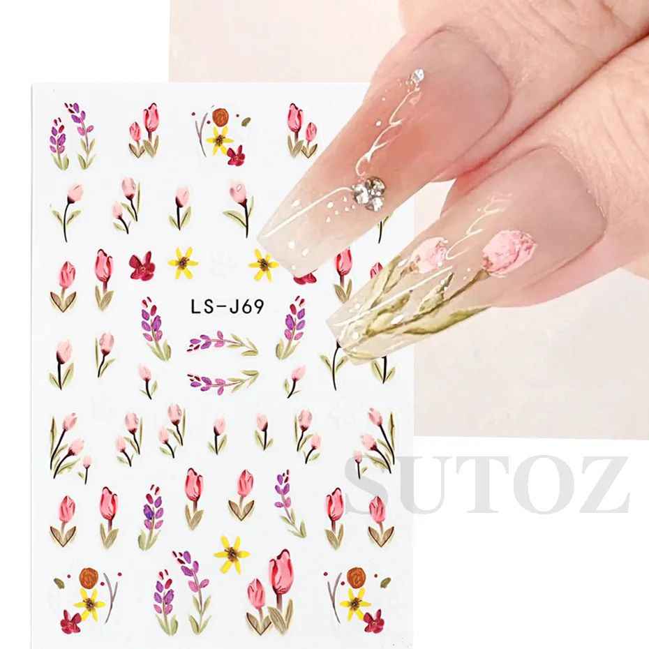 Spring Floral Tulip Gentle Nail Sticker Cartoon Wheat Ear Flower Nail Art Cute And Minimalist Petals Manicure Accessories LS-J69