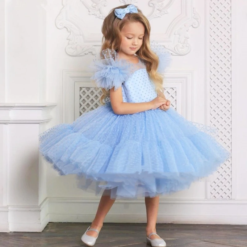 

Sky Blue Flower Girl Dresses Tulle Polka Dot Skirt With Bow Sleeveless For Wedding Birthday Party Banquet Ball Gowns