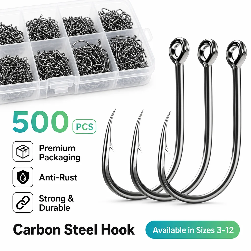High Carbon Steel Fishing Hooks Set, 3#‑12# Mixed Sizes Barbed Fish Hooks with Storage Box for Freshwater Saltwater Fishing