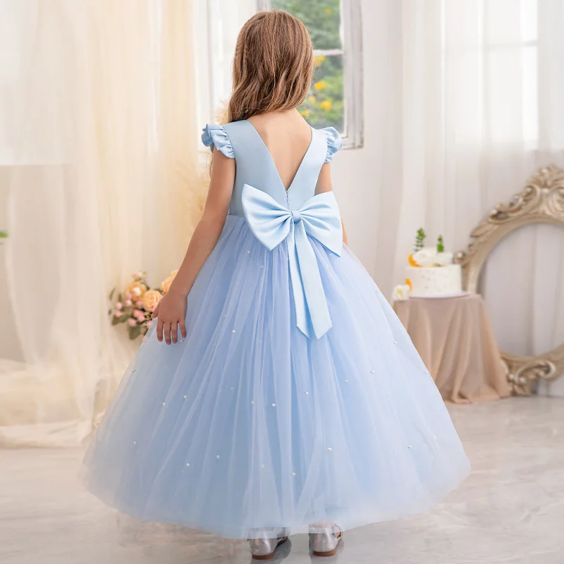 

AmyStylish Little Big Girls V Backless Pearls Wedding Flower Girl Birthday Party Long Pageant Dress