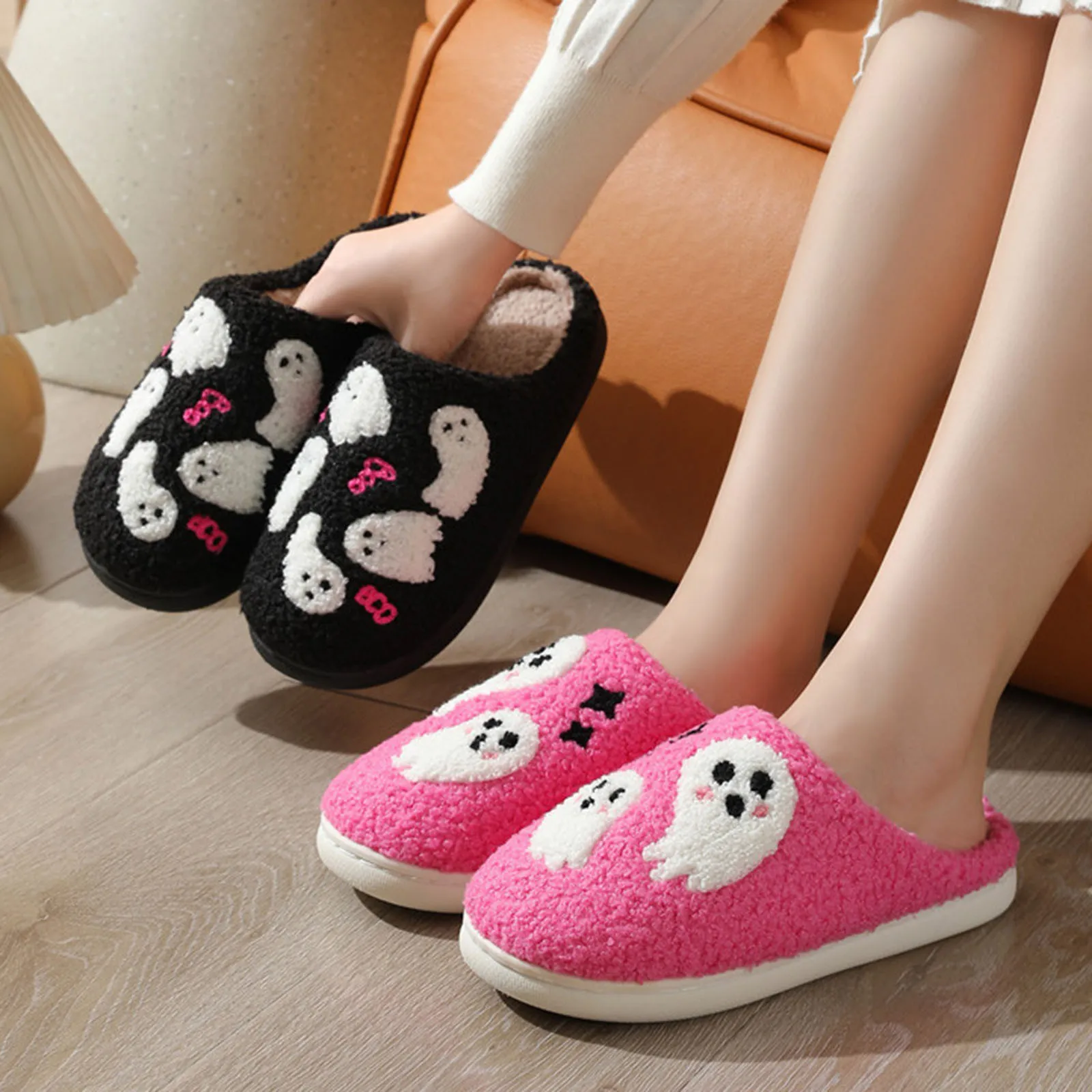 

Halloween Funny Slippers Fuzzy Embroidery Grimace Winter Women Home Warm Fashion Personality Comfy Plush Houseshoes Gift