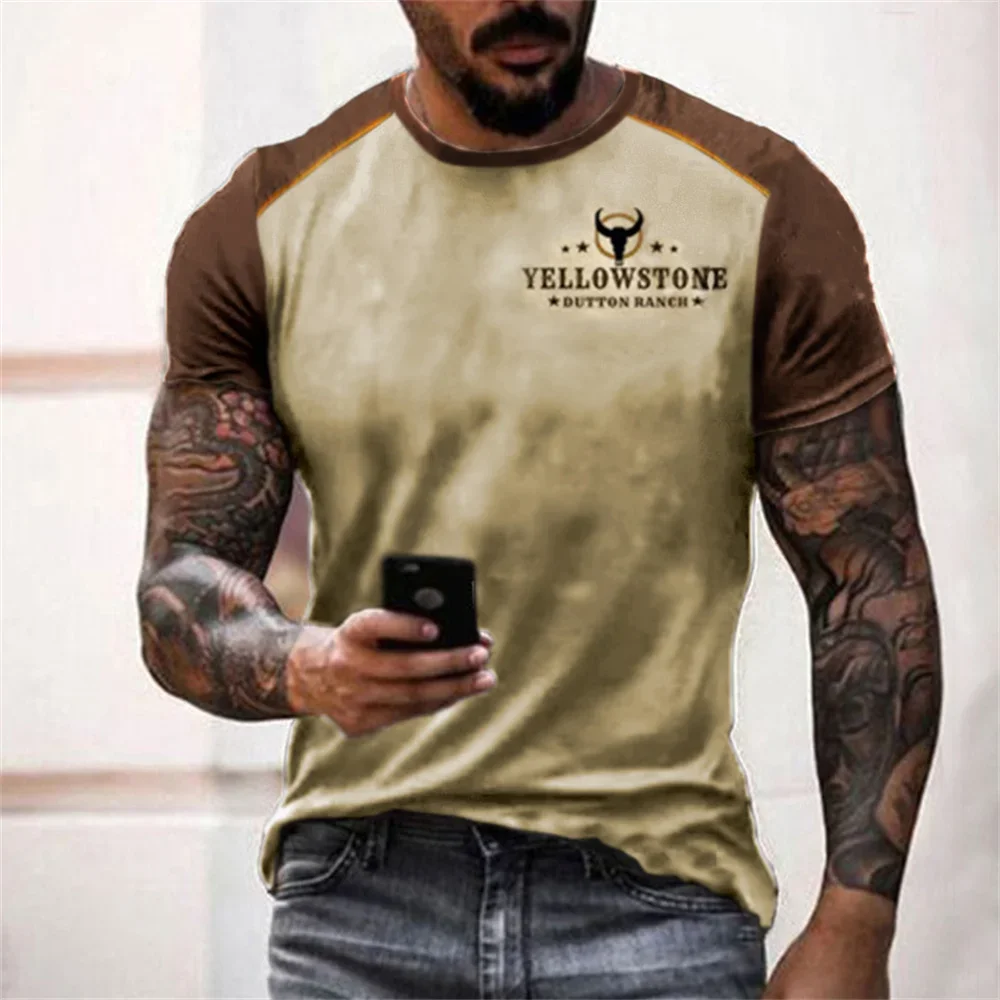

2025 Summer European and American Yellowstone Farm Men's Denim 3D Printed T-shirt, Oversized Short Sleeved Outdoor Casual Top