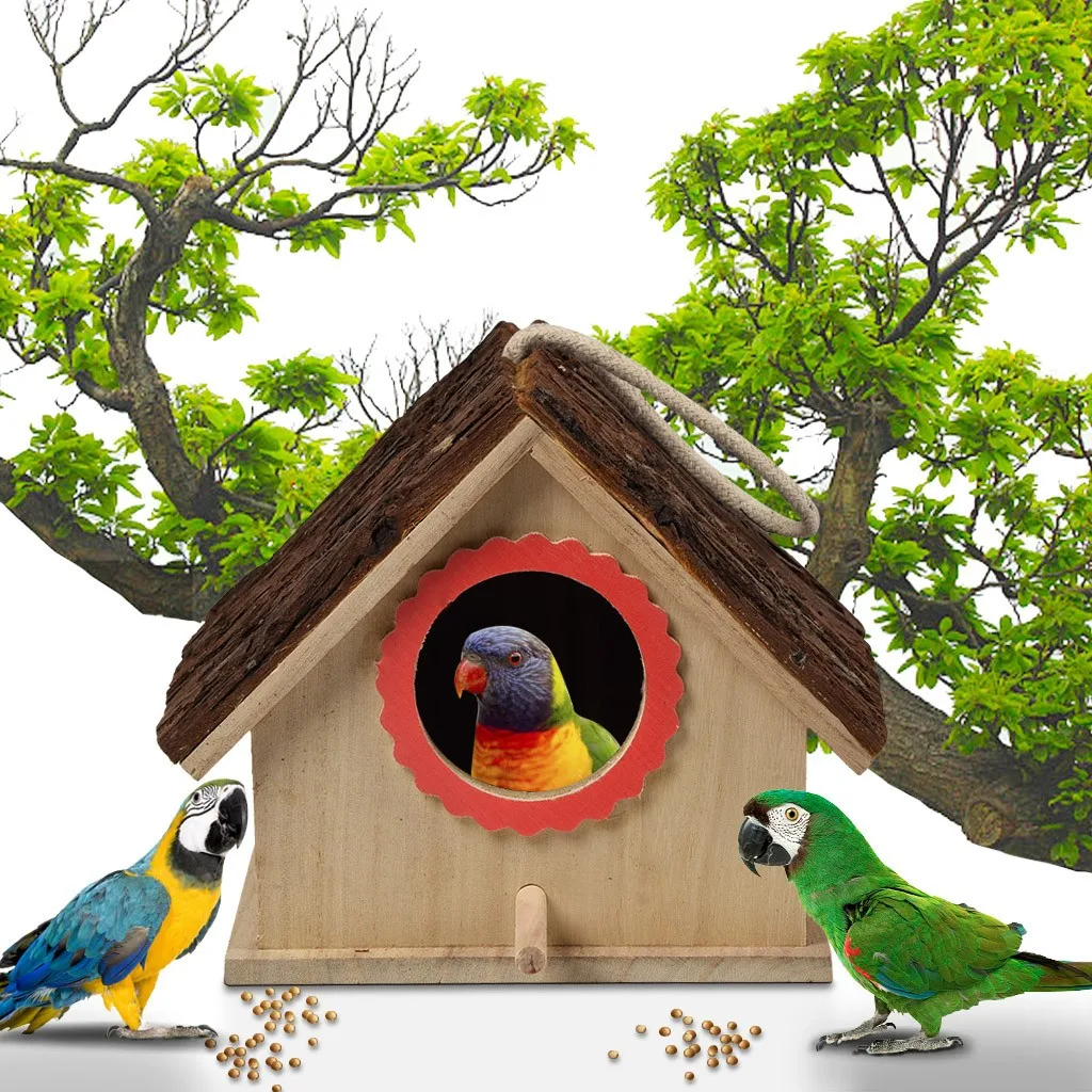 Wood Birds Nest Box New Diy Breeding Parrot Cockatiels Swallows Nest Outdoors Roof Wooden Bird House Hanging Decoration