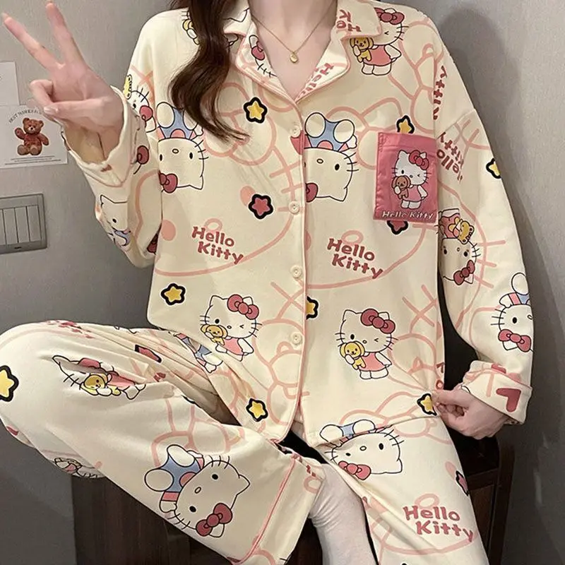 

Sanrio Hello Kitty, пижамы для молодых девушек, кавайный мультяшный студенческий весенне-осенний комплект для отдыха с длинными рукавами и длинными брюками, комплект домашней одежды, новый