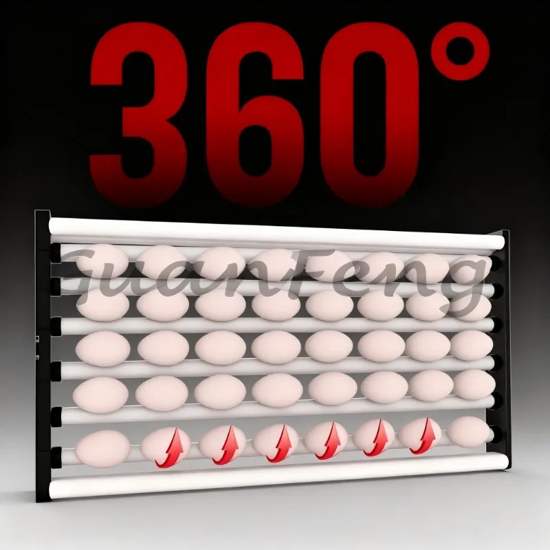 The farm uses 400 automatic egg incubators, digital temperature and humidity monitors, and built-in automatic egg flipping syst