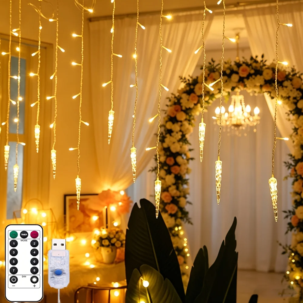 19.05ft Warm White USB- Curtain Lights with 8 Lighting Modes & Multi-Shape String Lights Suitable for Wedding, Bridal Shower, Window Decor, for - -and-Play Indoor Ambiance Lighting (No Curtain Included)