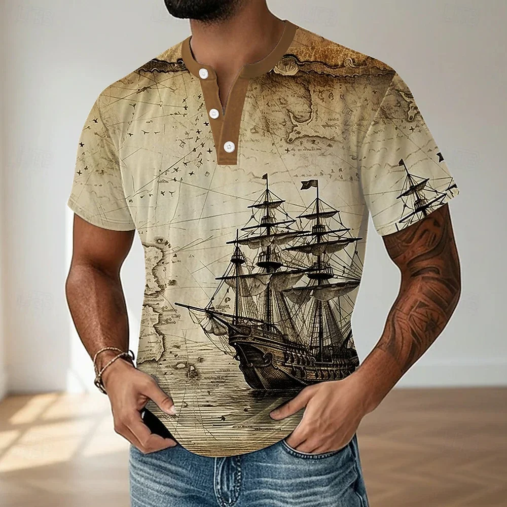 Men's Vintage Sailboat T Shirt Henley Shirt Short Sleeve Designer Retro Vintage Casual Men Clothing Camiseta Streetwear Fashion