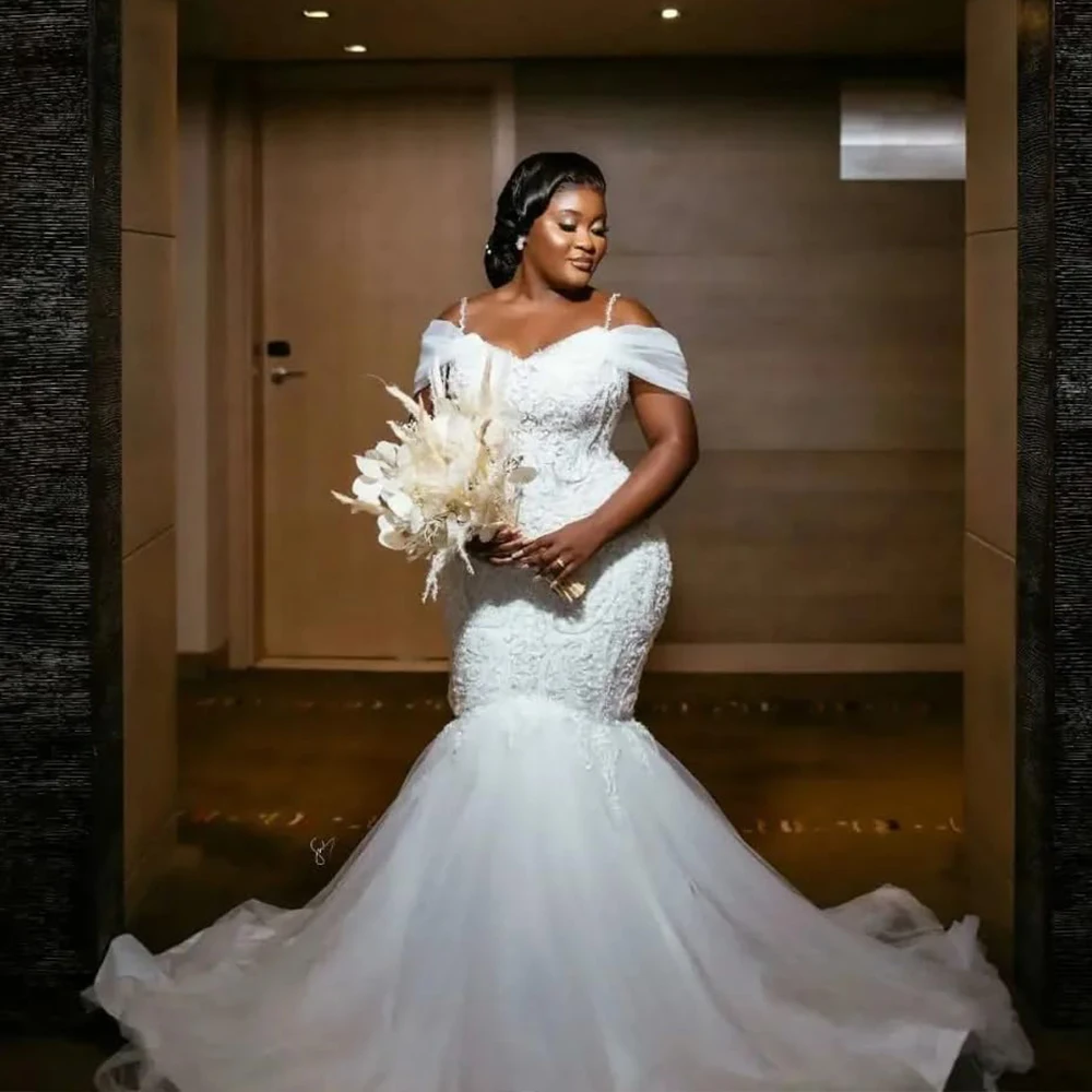 

Mophiel Mermaid Wedding Dresses for Bride Off Shoulder Spaghetti Straps Tulle African Bridal Gowns