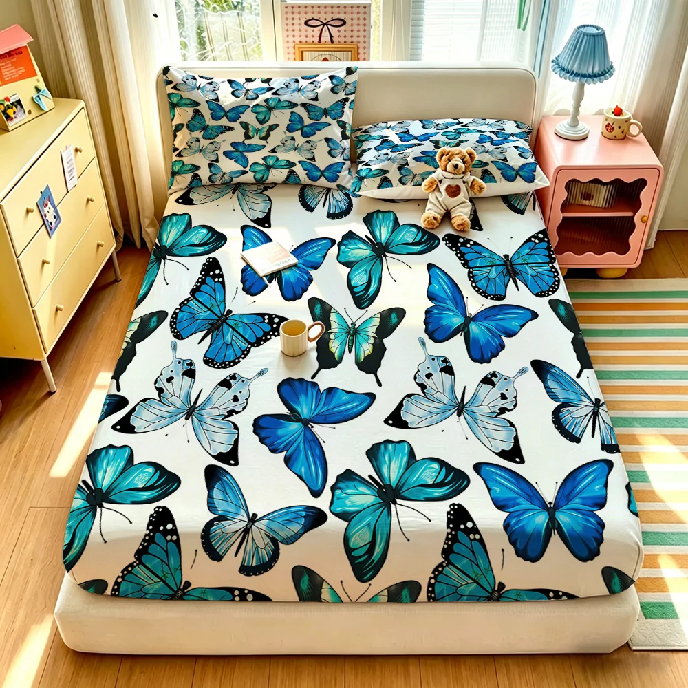 3pcs Bright Blue Butterfly All Over Print Duvet Cover Set Quilt Cover No Filling 2 Pillowcases Machine Washable Bedroom Holid