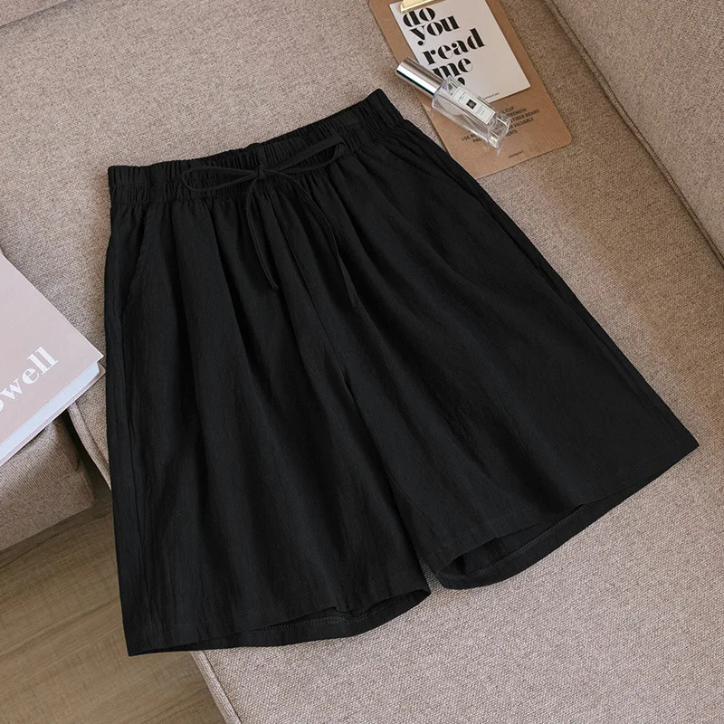 Women's Shorts High Waist Cotton Two Pocket Casual Summer Wear - Black