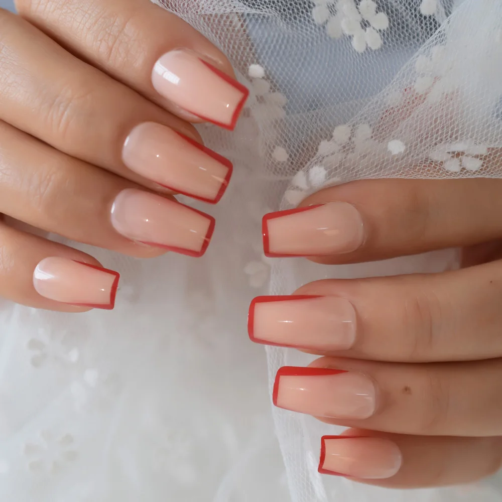 Medium naakt heldere nepnagels met rode rand U-pers op nagel Hele dekking Franse vingernagels Set 24-delig