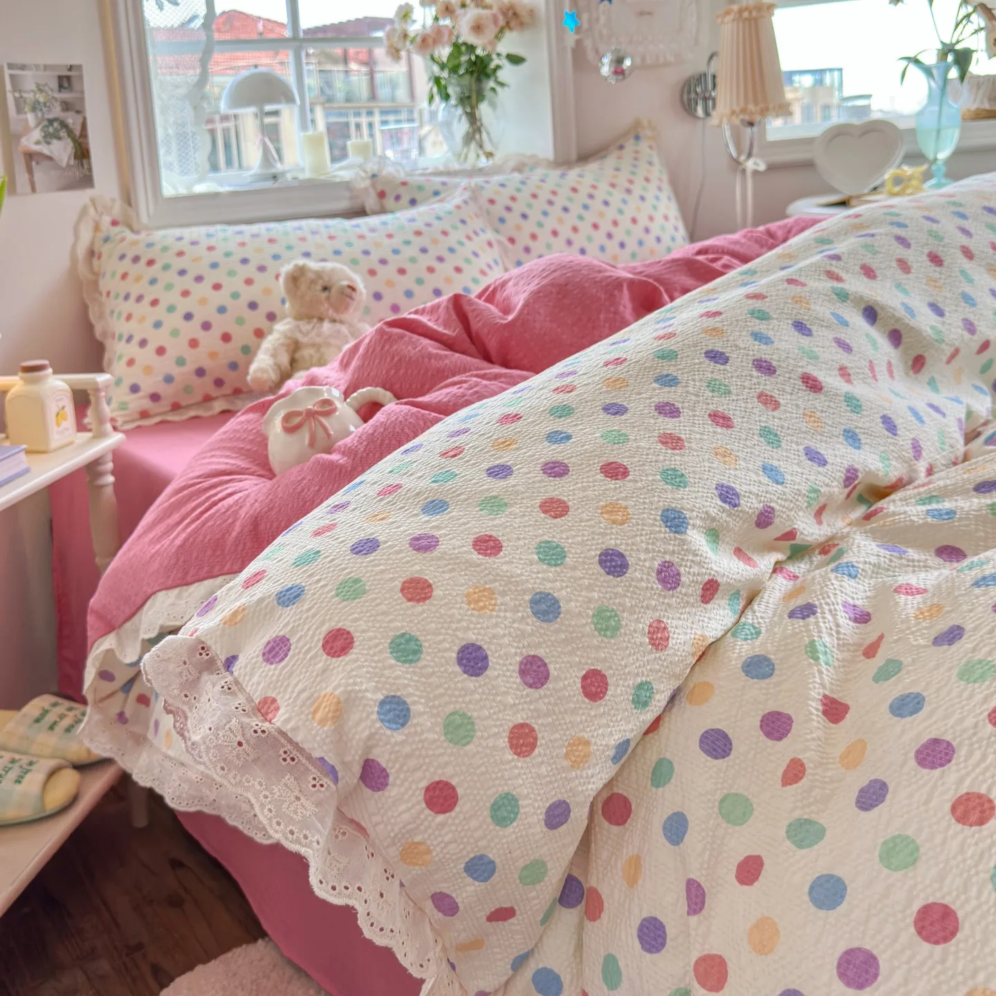 2026 Ins Dopamine Polka Dot Bedding Set, Twin Queen Size Bed Sheet with Pillowcase Class A for School Dormitory Decor No Filling