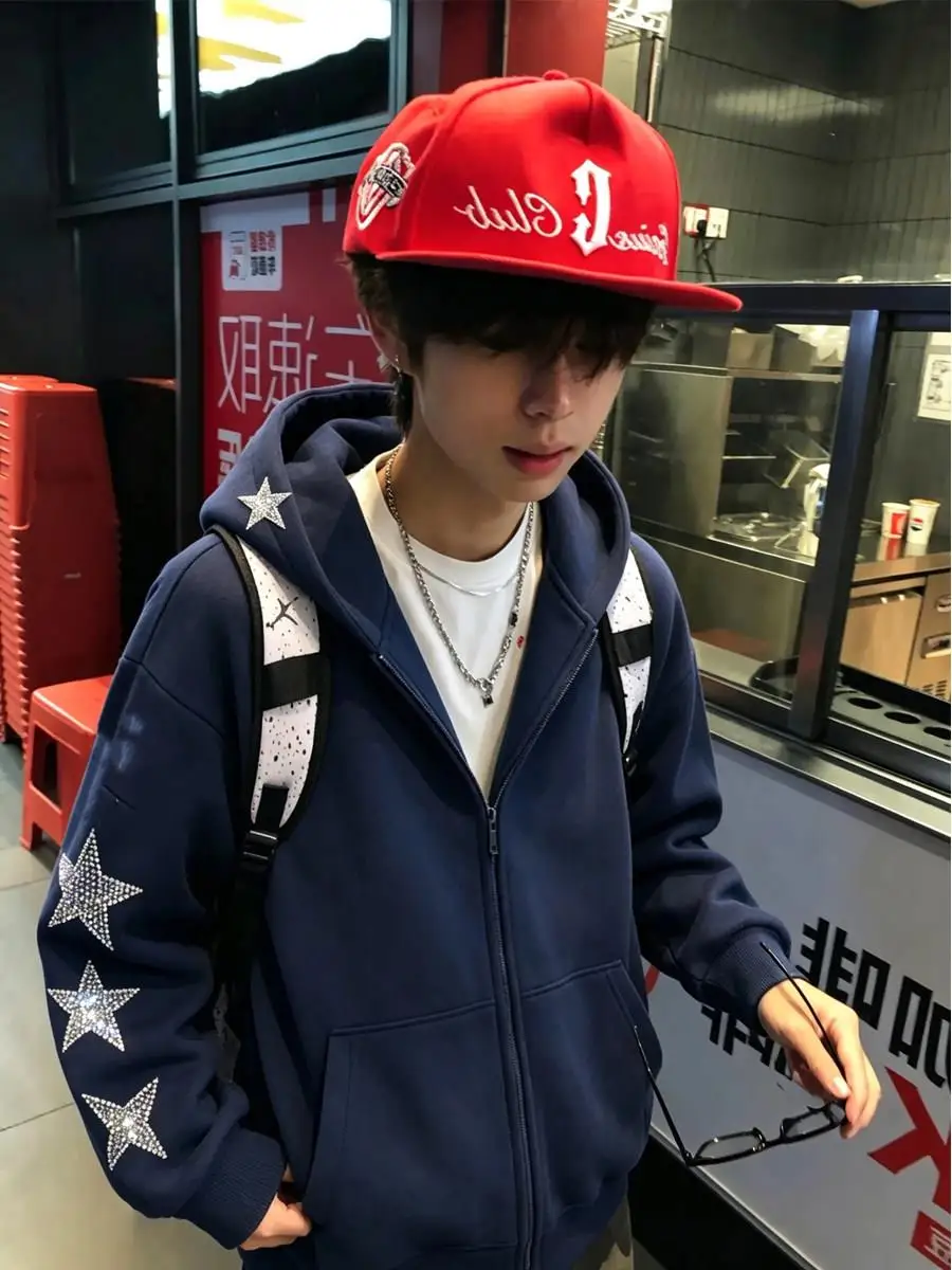 American High Street Style Zipper Hoodie Jacket Men's Autumn Vintage Korean Feeling Boyhood Glitter Warmth Casual Long Sleeve