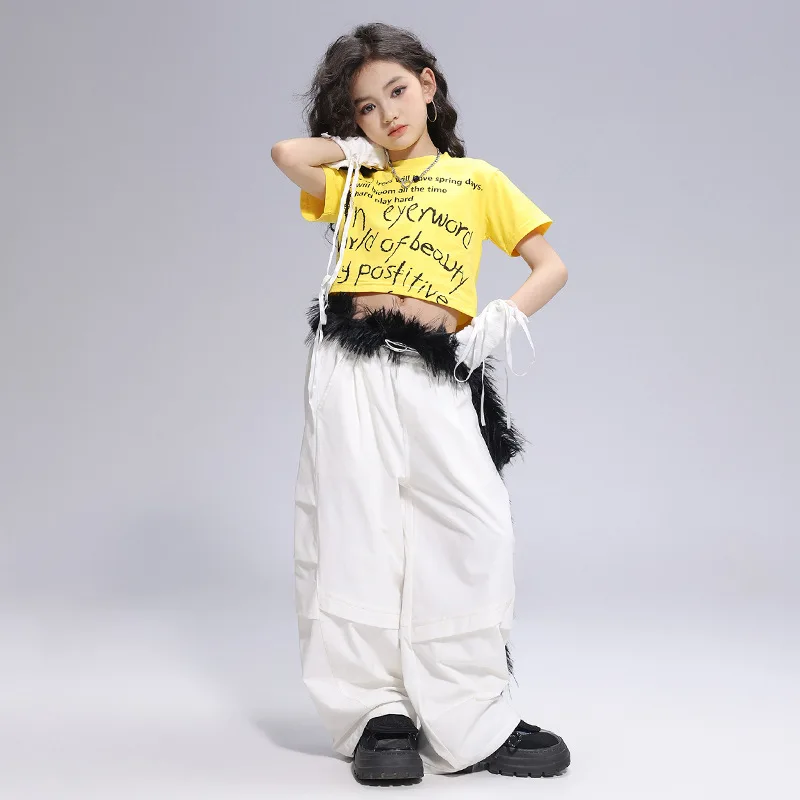 Kid Kpop Hip Hop Clothing Yellow Letters Crop T Shirt Top White Casual Wide Parachute Pants for Girl Jazz Dance Costumes Clothes