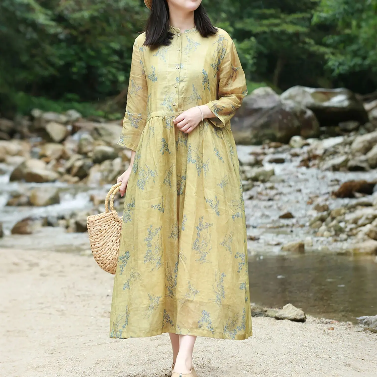 LZJN Sommerkleid mit Ramie-Aufdruck, tailliert – schlichtes Retro-Kleid mit hoher Taille und Kordelzug, künstlerisches, elegantes gelbes langes Kleid