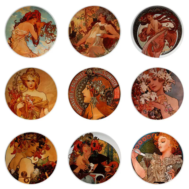 European style character illustration ceramic hanging plate,retro art decoration plate,living room entrance gallery wall decor