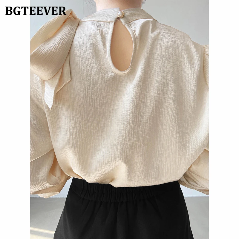 BGTEEVER Stylish Bow Neck Ladies Satin Blouses Autumn Elegant Loose Female Pullovers Tops Long Sleeve Women Shirts