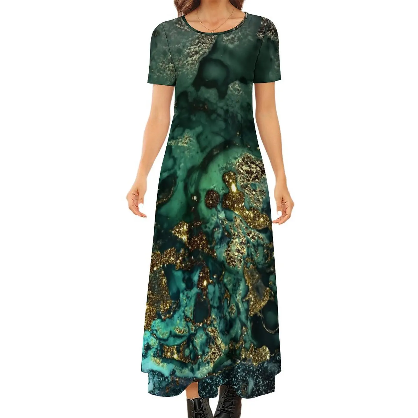 

Gold Indigo Faux Malachite Marble Round Neck Short Sleeve Dress Elegant gowns fairy dress prom dress 2024