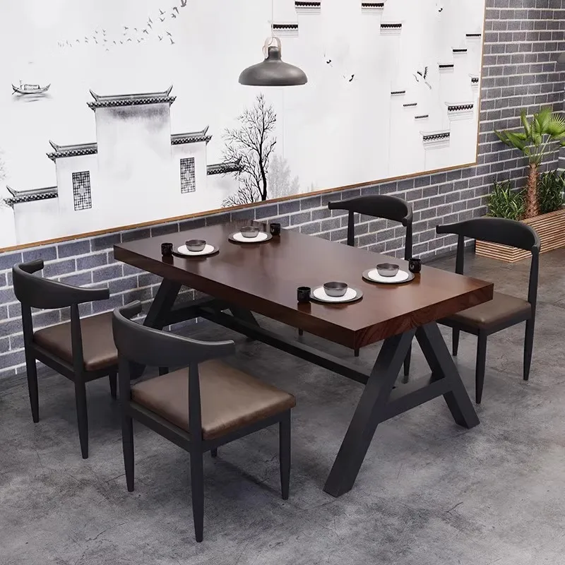 Solid wood table and chair combination commercial hotel restaurant rectangular table bar wrought iron