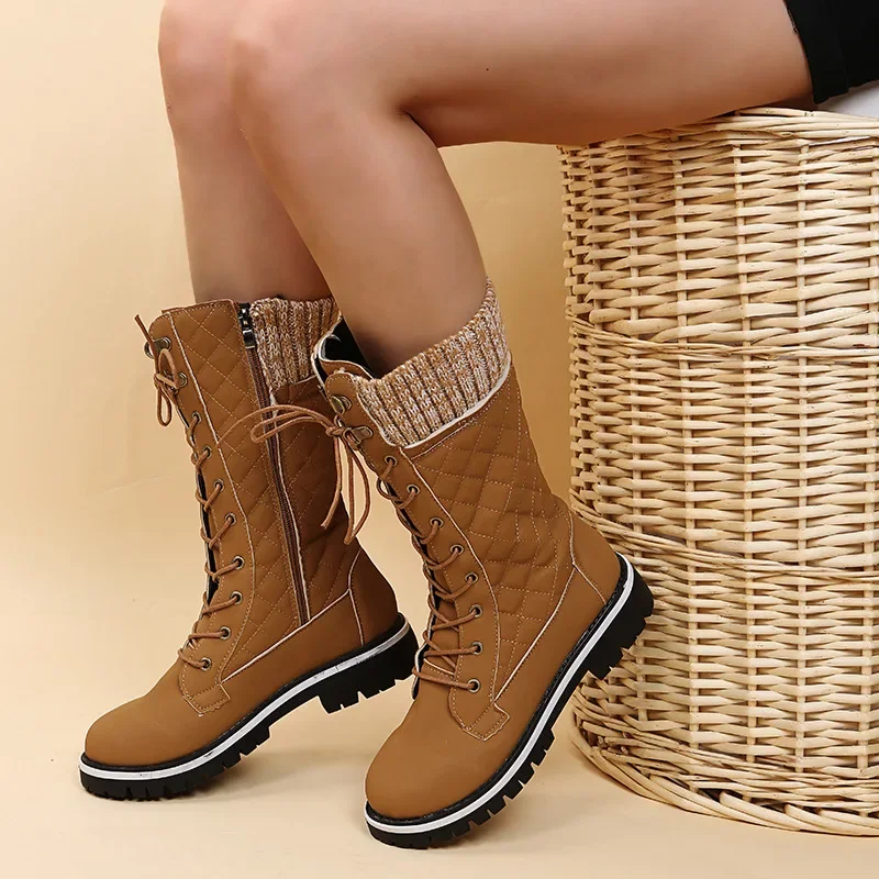 Women Plush Mid-calf Platform Boots 2023 Winter New Designer Warm Snow Boots Ladies Furry Lace Up Platform Shoes Botas De Mujer