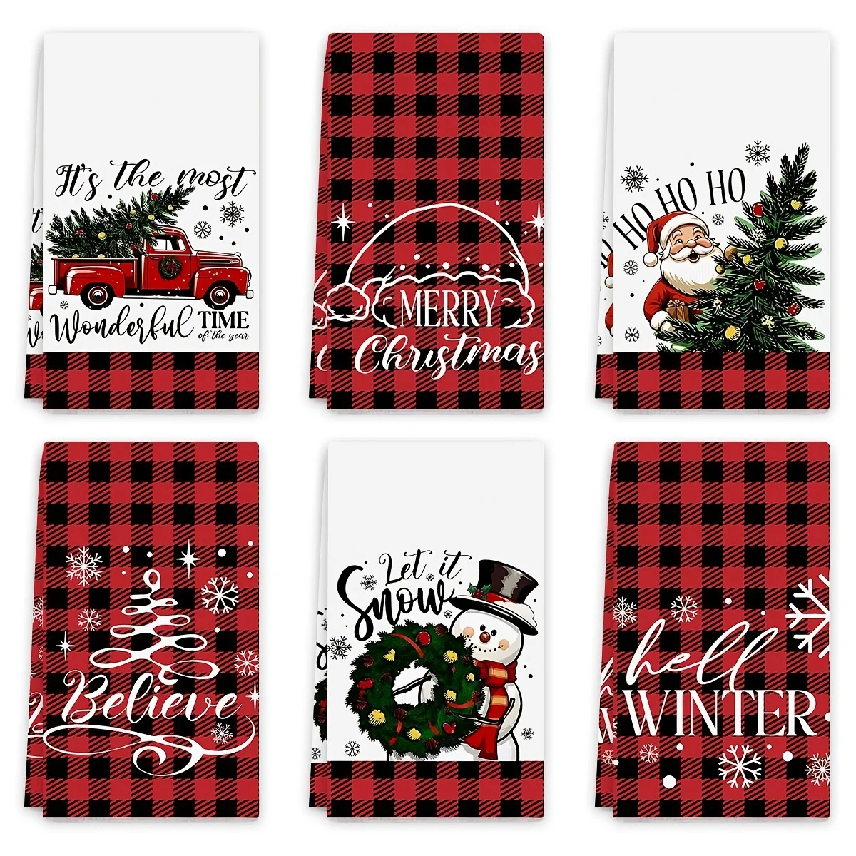 6 Pcs Christmas Kitchen Towels Red Black Buffalo Plaid Dish Towel | Absorbent Snowman Gnome Truck Bathroom Hand Towels Farmhouse