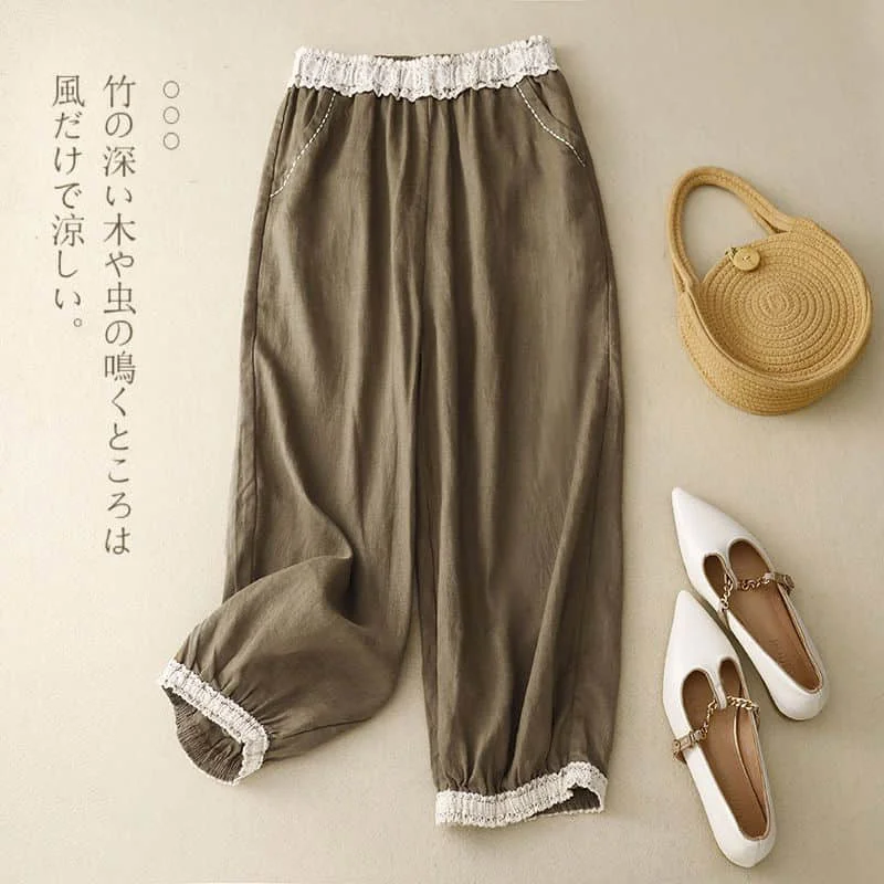 

Cotton Linen Pants Solid Lace Elastic Waist Loose Casual Vintage Korean Style Harajuku Harem Pants Streetwear Women Clothing