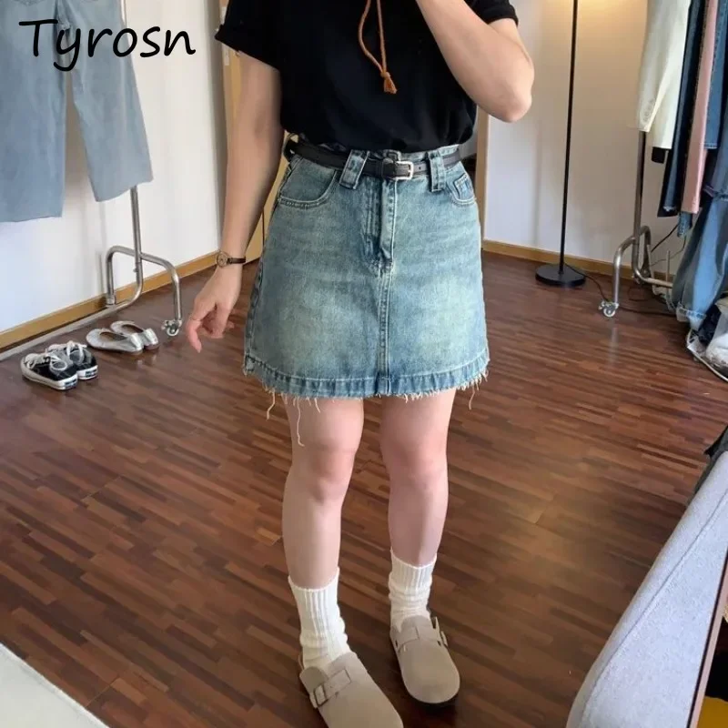 

Джинсовые мини-юбки с высокой талией А-силуэта, потертые летние тонкие корейские модные офисные женские потертые модные популярные девушки, уличный ретро-дизайн