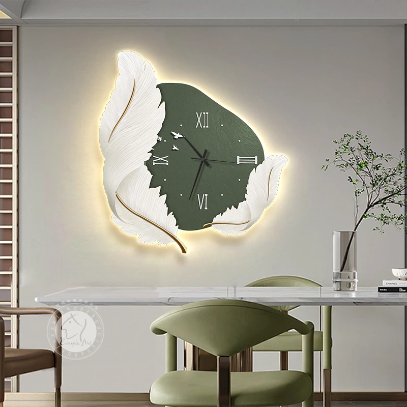 

Creative Large Dining Room Wall Clock Painting Feather Led Atmosphere Light Wall Clocks Hanging Painting Modern Wall Decoration