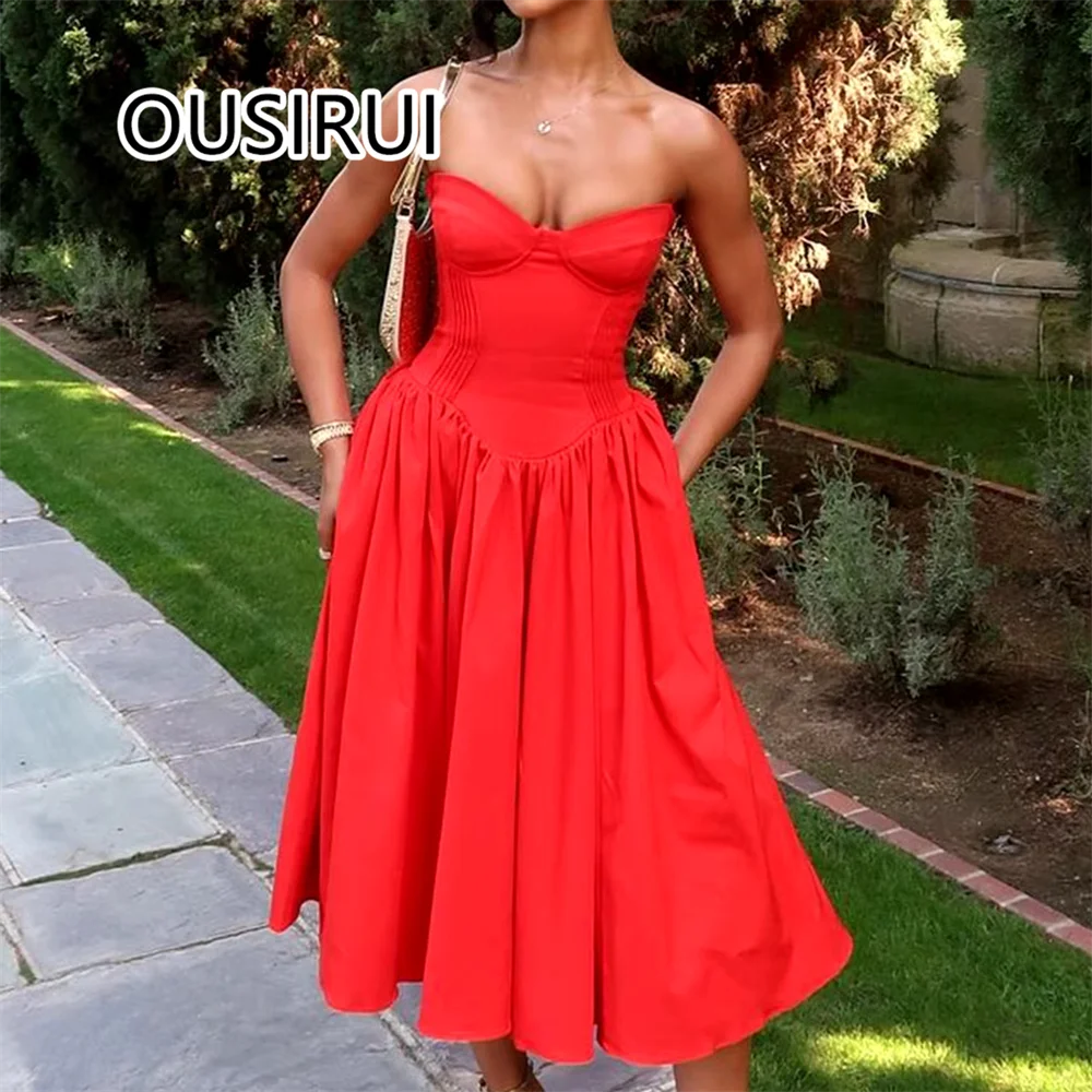 

Strapless Satin Pleated Formal Evening Dress A-line Backless Bridesmaid Midi Gown with Pockets Custom Made vestidos de noche