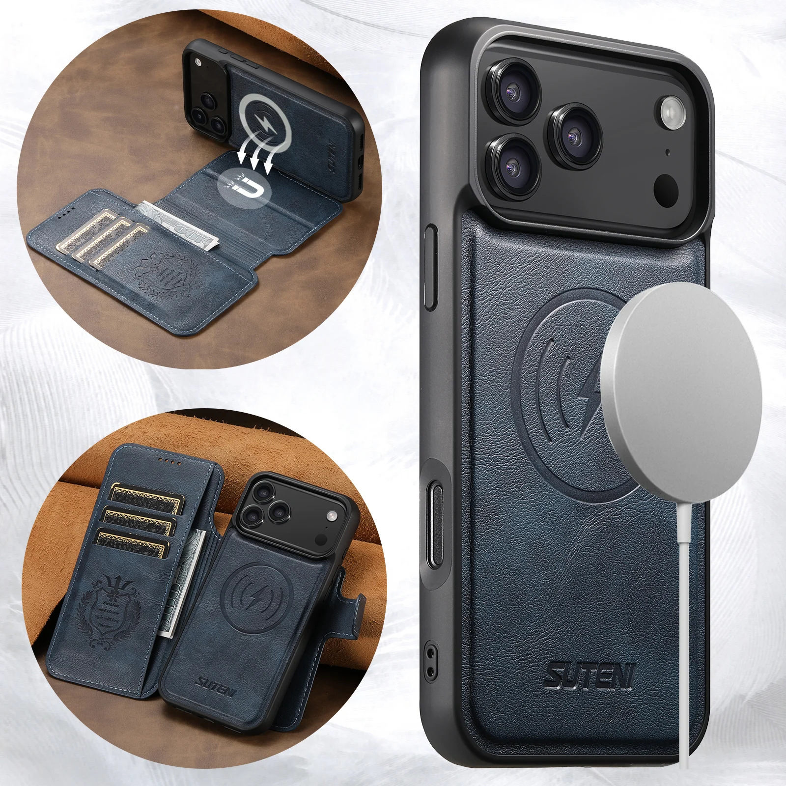 SUTENI Kunstleder Kabelloses Ladegerät Kartenhalter Ständer Brieftasche Magnetische Klapphülle Handyhülle für iPhone 18 Pro Max 17 16 15 14 – Detail 13