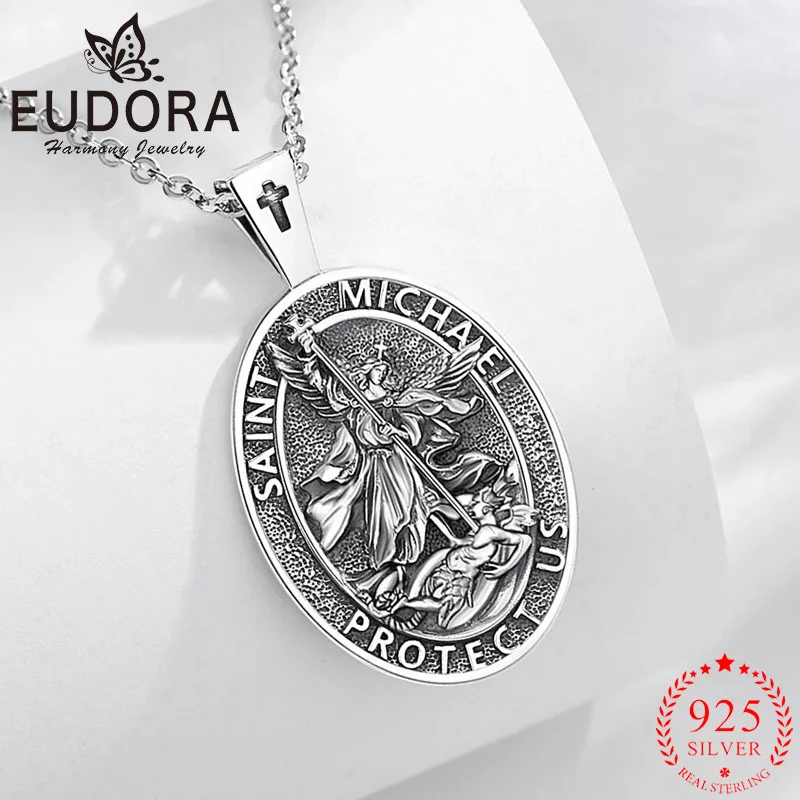 Eudora New 925 Sterling Silver Saint Michael Necklace Archangel Amulet Cross Pendant Christian Jewelry Gift for Men Woman