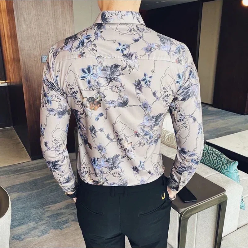 2024 Spring Autumn New Pattern Flower Shirt Men\'s Long Sleeve Button Cardigan Trend Printed Slim Commute All-match Shirts Tops