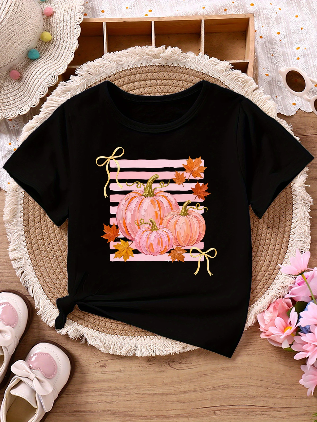 Pumpkins Fall Bow Printed T Shirt Girls Thanksgiving Gift T-Shirt Funny Kids Clothes Short Sleeve T-Shirt