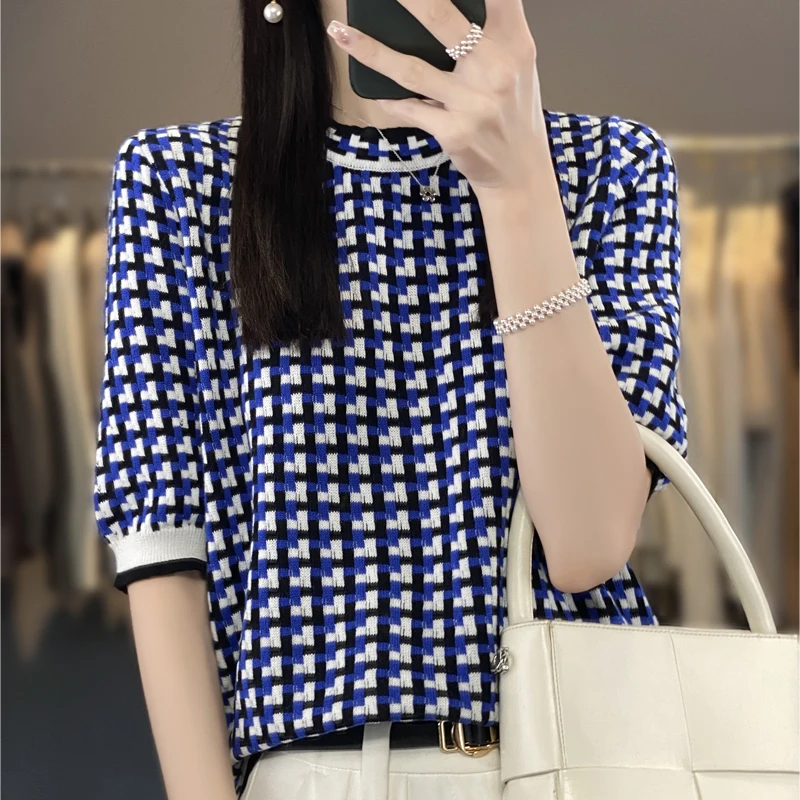 Spring And Summer New Women\'s T-Shirt Pullover Short Sleeve Contrast Checker Fashion Loose Top Casual Sweater