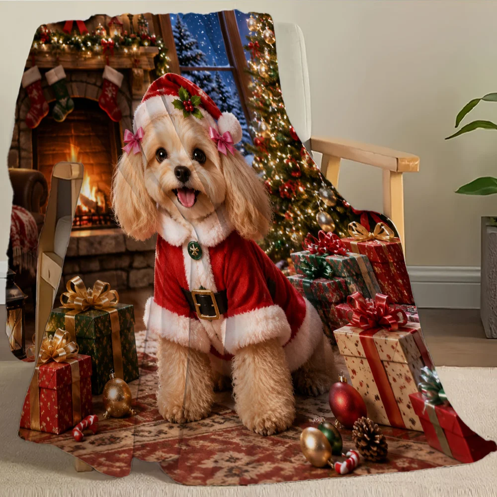 1pc Fluffy Throw Blanket, 2D Flat Christmas Poodle Puppy Santa Costume Print, Warm Blanket for Sofa Bedroom, Camping Decor Gift