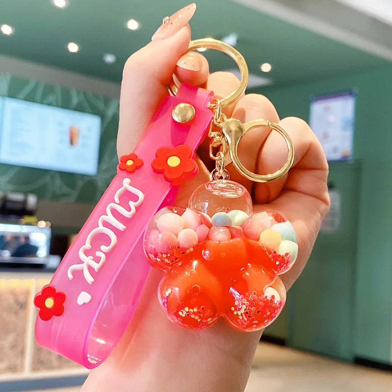 Cartoon Acrylic Flower Bottle Keychain Cute Wholesale Gift Floating Colorful Jelly Beans Oil Liquid Key Chain