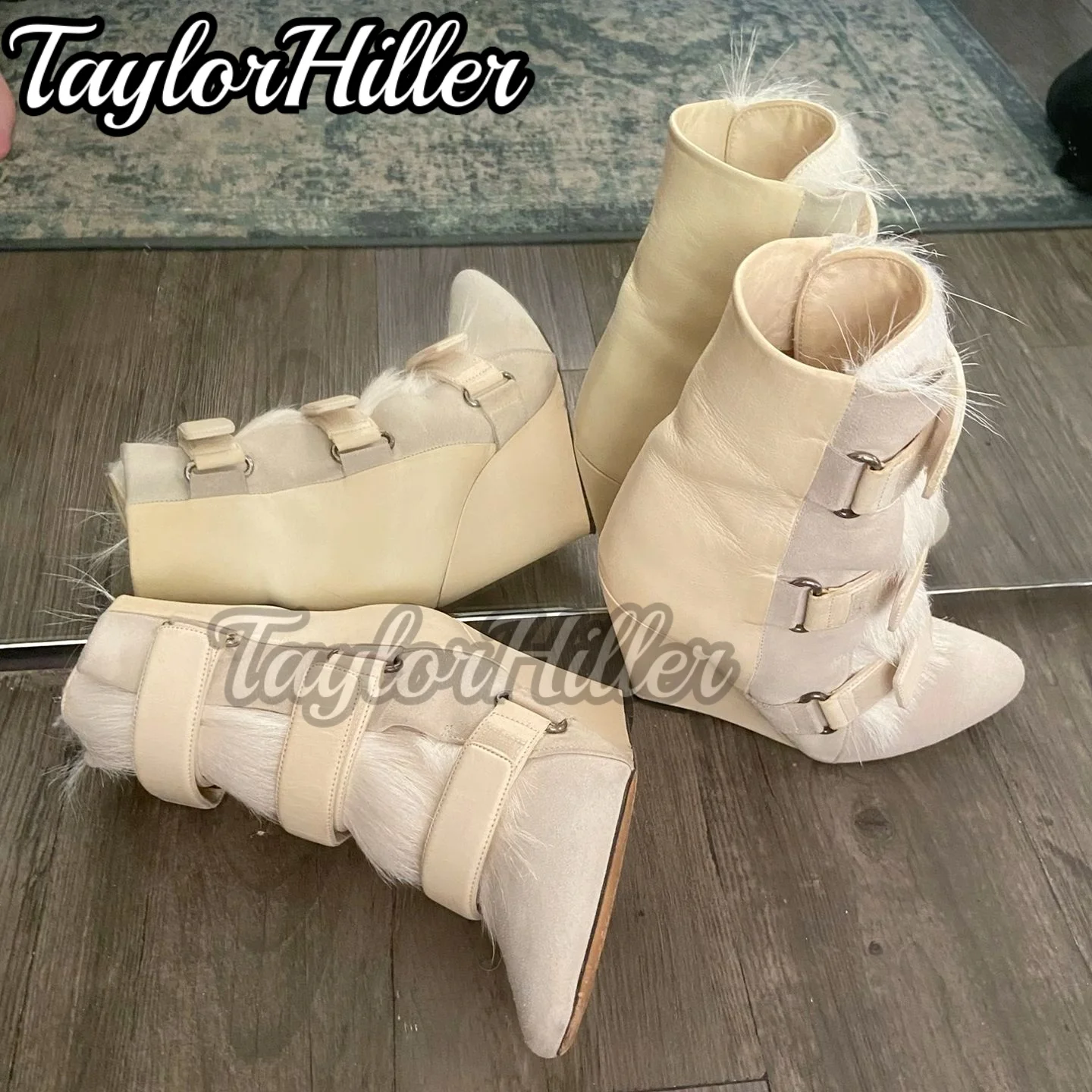 Black Fur Boots Pointed Toe Botas Women Luxury Designer Shoes Multi Buckle 2025 New Winter Sport Mid-calf Booties Solid Zapatos view 2