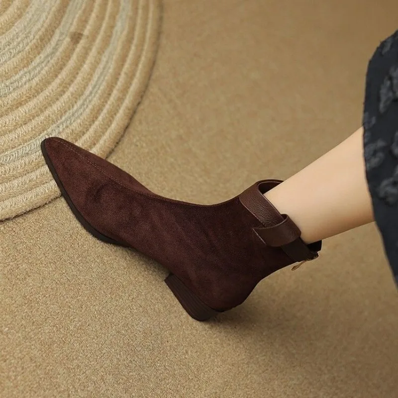 

Women's Ankle Boots Lightweight Brown Retro Style Suede Splicing Leather Booties Large Size Warm Goth New In Female Short Shoes